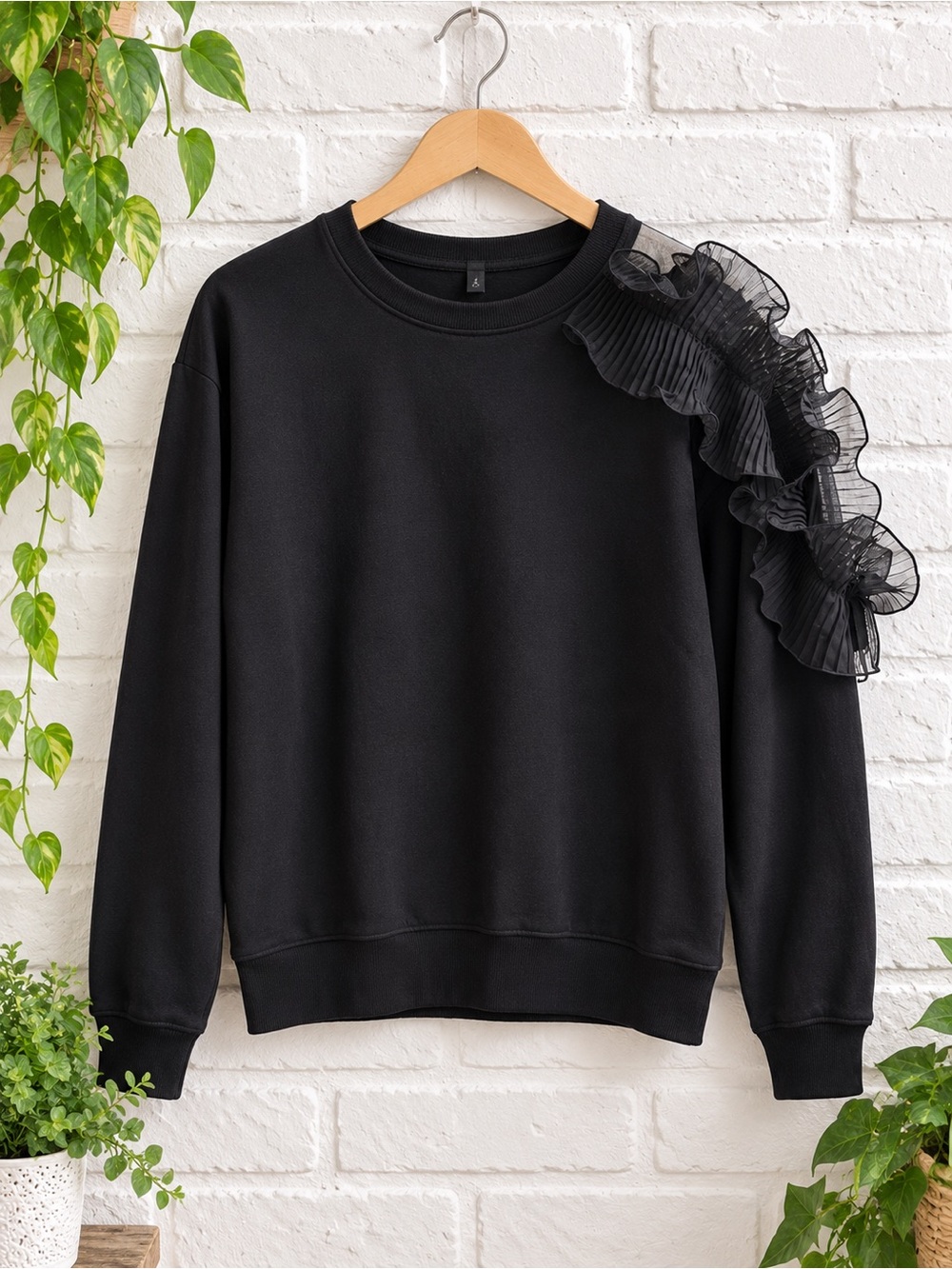 Black Tulle Ruffle-Accent Crewneck Sweatshirt - Women